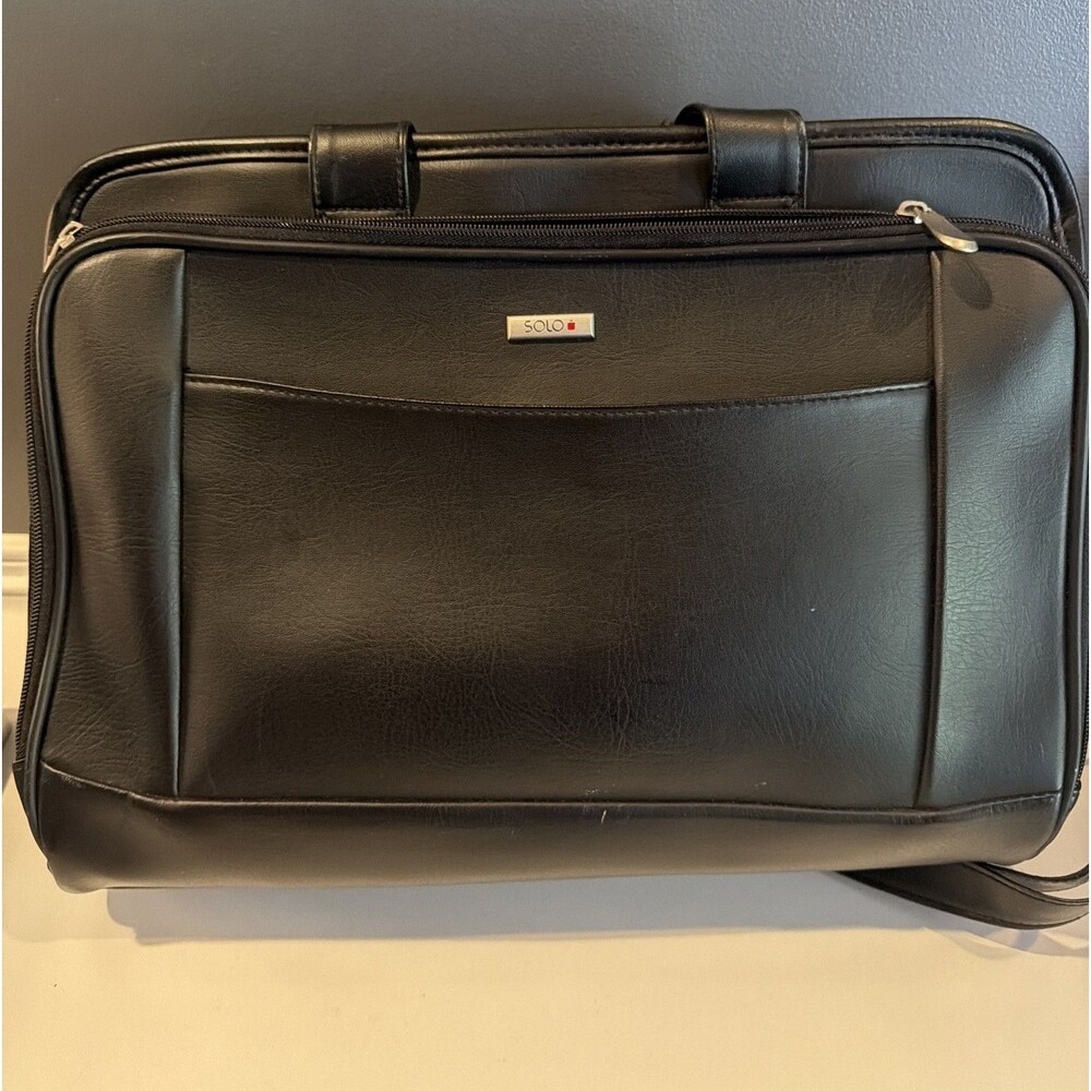 Solo Leather Briefcase Laptop Shoulder Crossbody Messenger Bag Black Med 15”